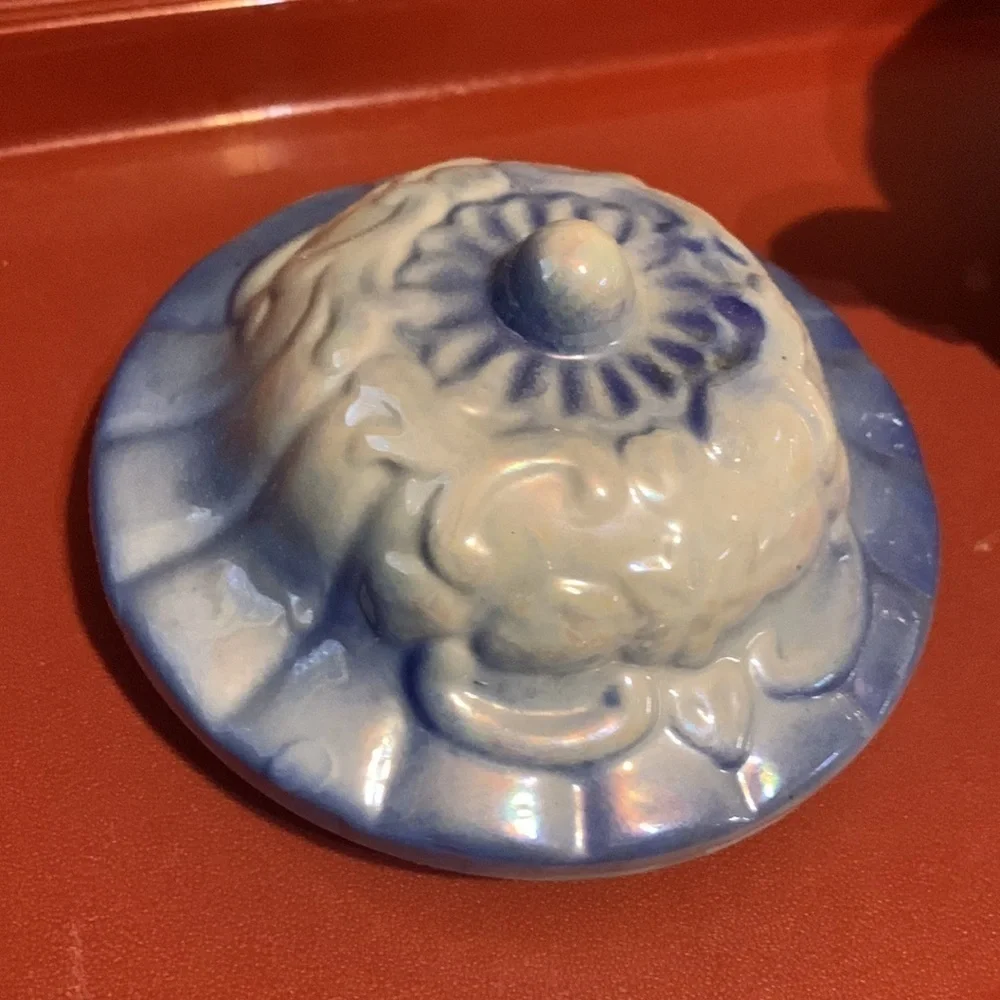 Vintage Blue & White Floral Iridescent Carnival Glass Footed Candy Dish With Lid